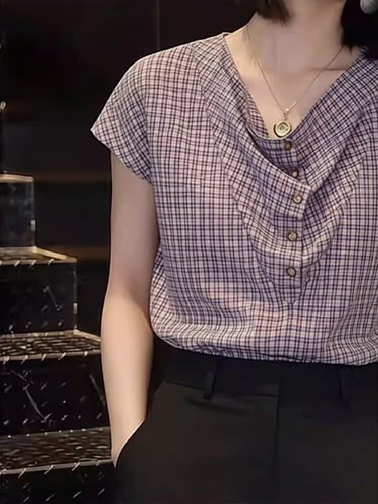말뚝 더미 칼라 빛 요리 한 고유 한 반팔 셔츠 2026 여름 새로운 여성 의류 체크무늬 셔츠 슬림해 보이는 슈퍼 잘 생긴 작은 셔츠 상세 이미지 3