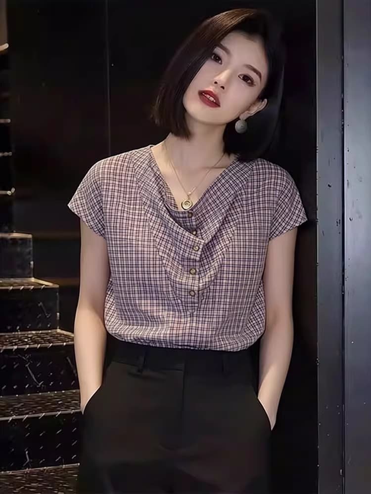 말뚝 더미 칼라 빛 요리 한 고유 한 반팔 셔츠 2026 여름 새로운 여성 의류 체크무늬 셔츠 슬림해 보이는 슈퍼 잘 생긴 작은 셔츠 상세 이미지 5