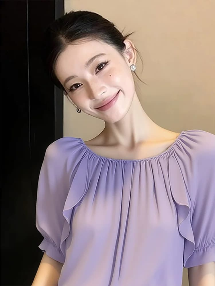 프랑스식 빛 럭셔리 보라색 풀오버 여성 셔츠 여름 2026 년 새로운 외국 가스 연령 감소 반팔 고급 절묘한 작은 셔츠 이미지 4