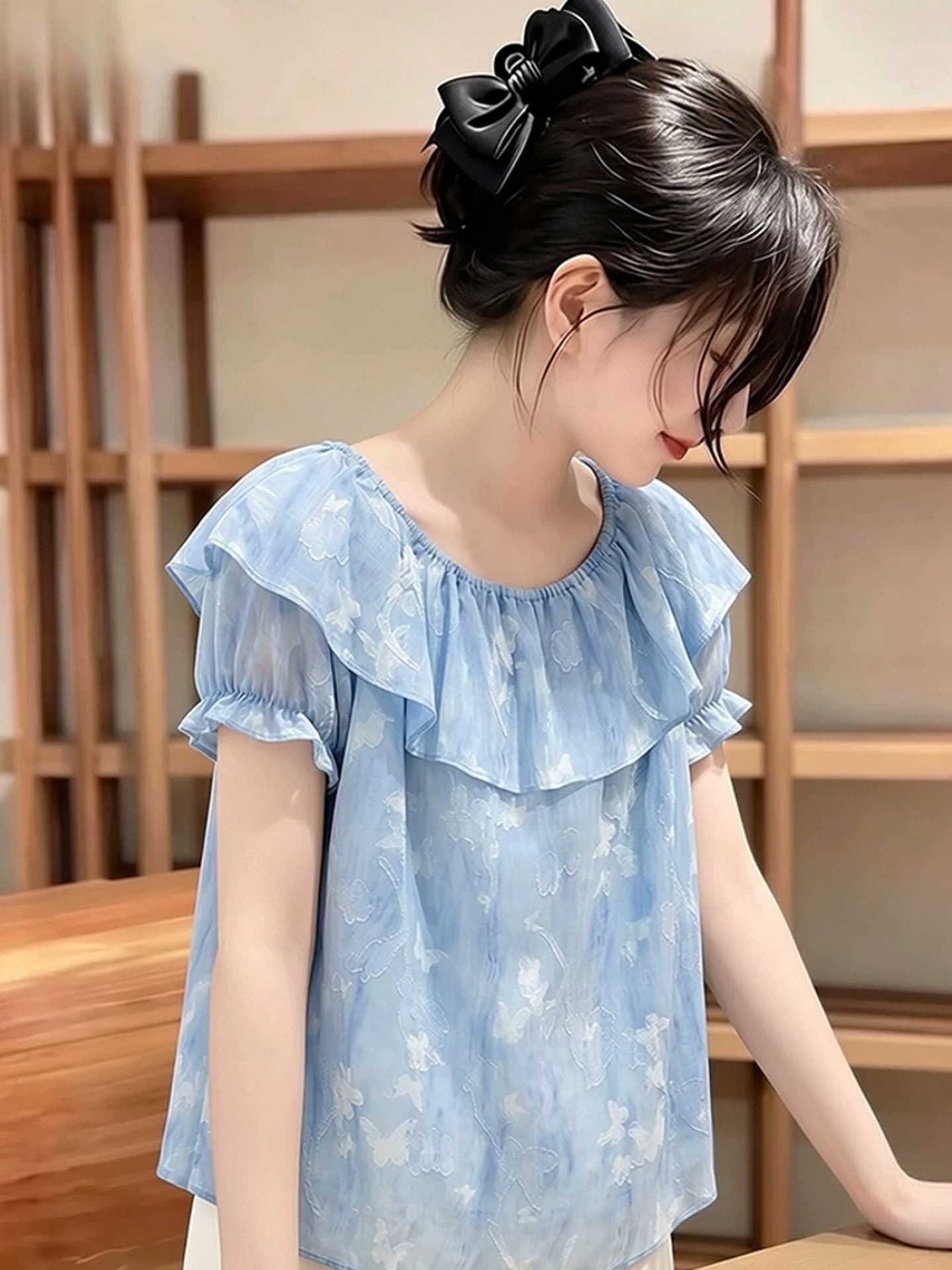 프랑스식 부드러운 바람 프릴 칼라 티셔츠 여성 2026 여름 새로운 패션 작은 대중 Chic 연령 감소 파란색 맨위 이미지 2