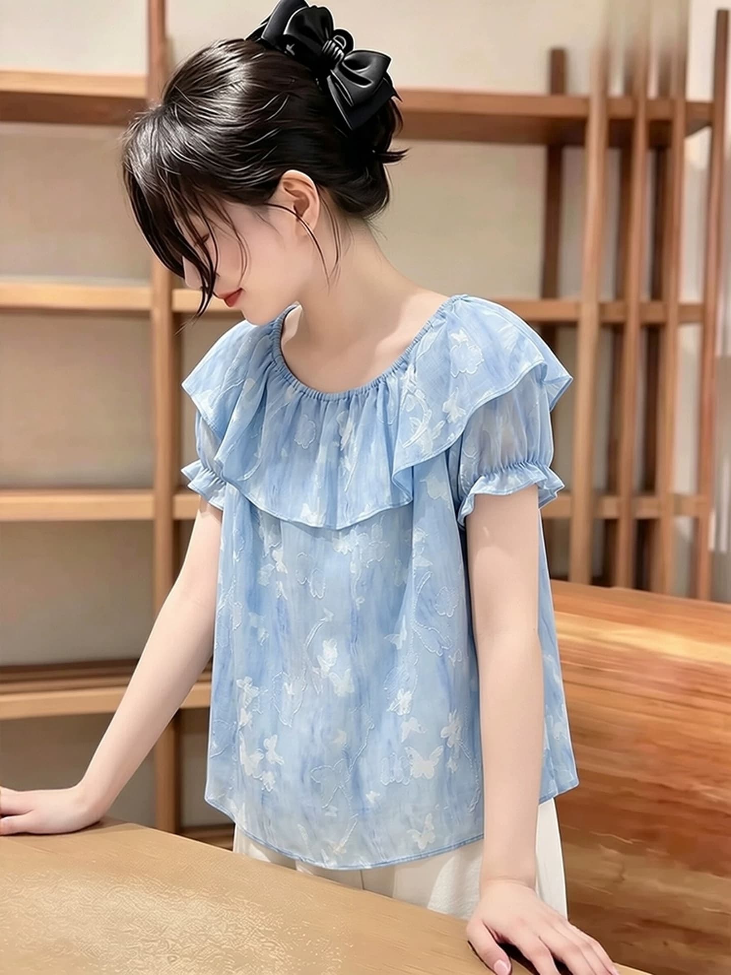 프랑스식 부드러운 바람 프릴 칼라 티셔츠 여성 2026 여름 새로운 패션 작은 대중 Chic 연령 감소 파란색 맨위 상세 이미지 2