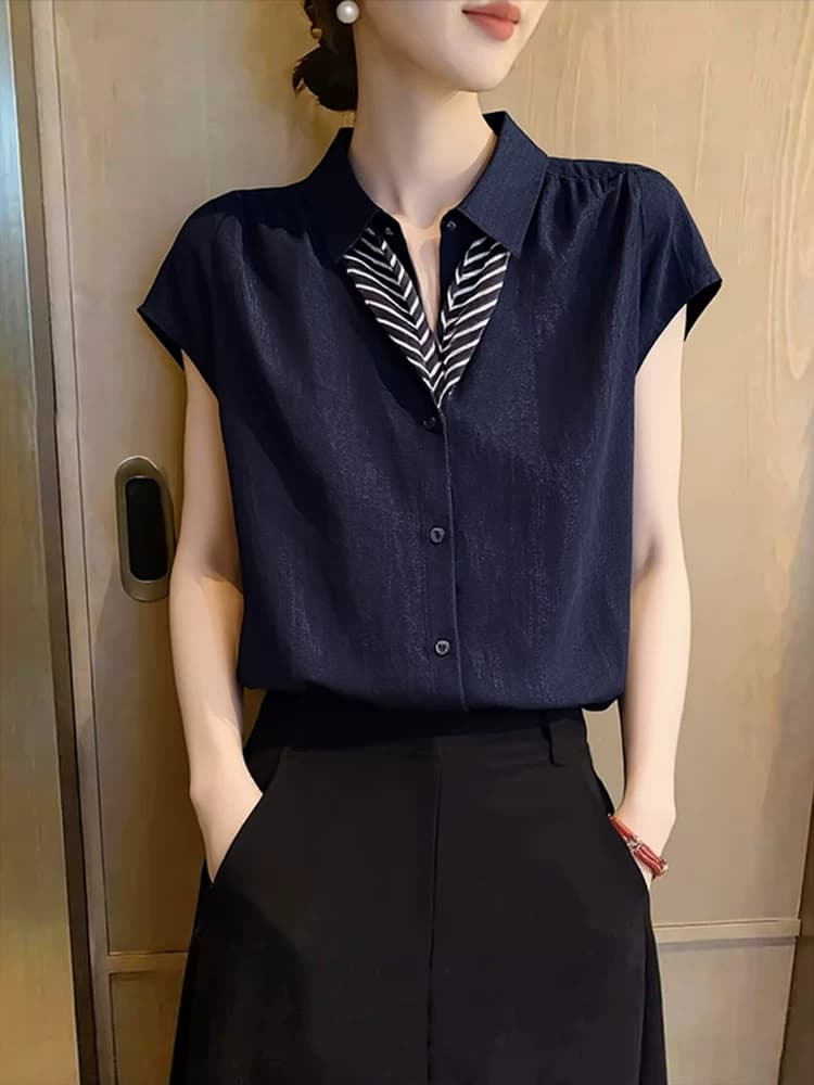 POLO 칼라 경력 반팔 여성 셔츠 여름 2026 년 새로운 고유 한 고급 센스 셔츠 루즈핏 슬림해 보이는 맨위 상세 이미지 1