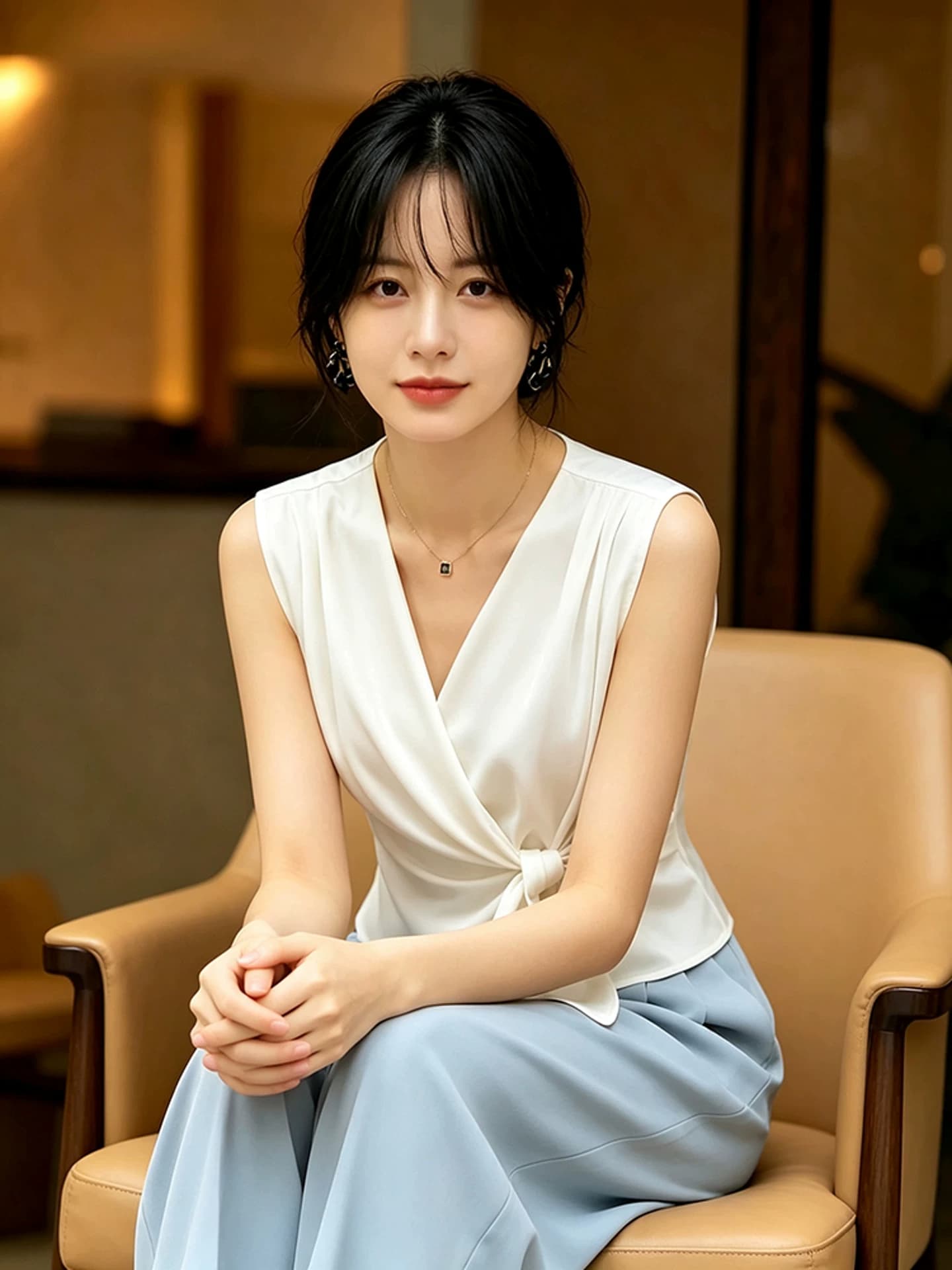 디자인 센스 민소매 V넥 조끼 만나는 화이트 여성 셔츠 여름 새로운 프랑스식 품격 슬림해 보이는 레이스업 허리 수축 맨위 이미지 3
