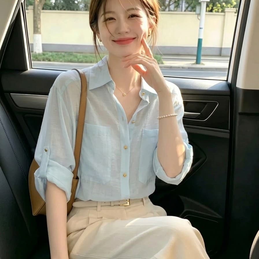출퇴근 바람 자외선 차단 의류 여성 긴 소매 여성 셔츠 2026 년 여름 하늘색 폴로 칼라 얇고 가벼운 통기성 차가운 센스 맨위 이미지 4