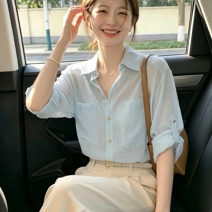 출퇴근 바람 자외선 차단 의류 여성 긴 소매 여성 셔츠 2026 년 여름 하늘색 폴로 칼라 얇고 가벼운 통기성 차가운 센스 맨위 이미지 3