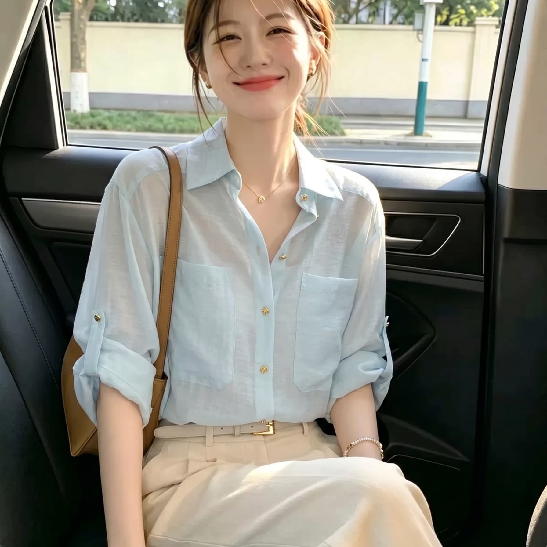 출퇴근 바람 자외선 차단 의류 여성 긴 소매 여성 셔츠 2026 년 여름 하늘색 폴로 칼라 얇고 가벼운 통기성 차가운 센스 맨위 상세 이미지 1