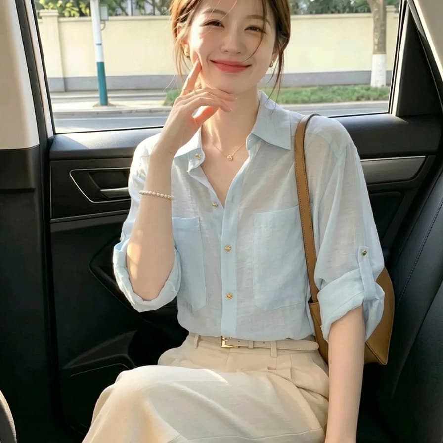 출퇴근 바람 자외선 차단 의류 여성 긴 소매 여성 셔츠 2026 년 여름 하늘색 폴로 칼라 얇고 가벼운 통기성 차가운 센스 맨위 상세 이미지 2