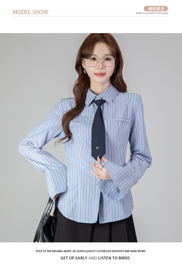 2026 봄 여성 의류 파란색 긴팔 느긋한 바람 맨위 스트라이프 품격 여성 셔츠 상세 이미지 9
