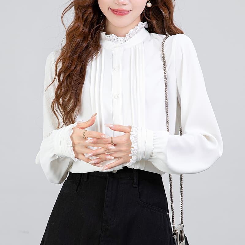 2026 봄 프랑스식 궁정 센스 프릴 스탠드 칼라 긴팔 여성 셔츠 품격 디자인 센스 스택 착용 맨위 이미지 2