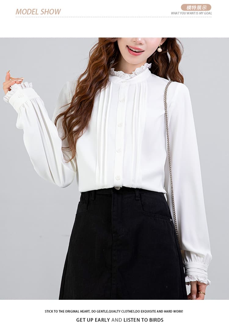 2026 봄 프랑스식 궁정 센스 프릴 스탠드 칼라 긴팔 여성 셔츠 품격 디자인 센스 스택 착용 맨위 상세 이미지 10