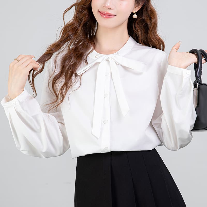 2026 봄 새로운 파란색 나비 매듭 스트랩 스트라이프 셔츠 여성 긴 소매 셔츠 품격 맨위 이미지 2