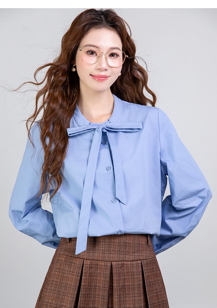 2026 봄 새로운 파란색 나비 매듭 스트랩 스트라이프 셔츠 여성 긴 소매 셔츠 품격 맨위 상세 이미지 20