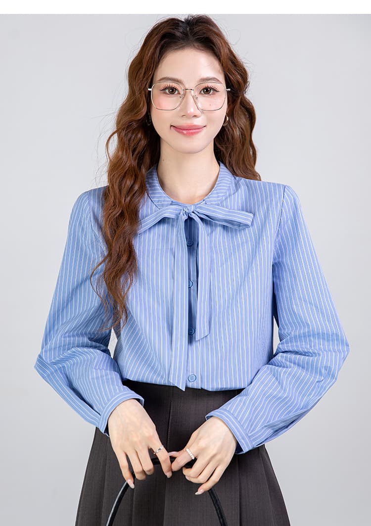 2026 봄 새로운 파란색 나비 매듭 스트랩 스트라이프 셔츠 여성 긴 소매 셔츠 품격 맨위 상세 이미지 29