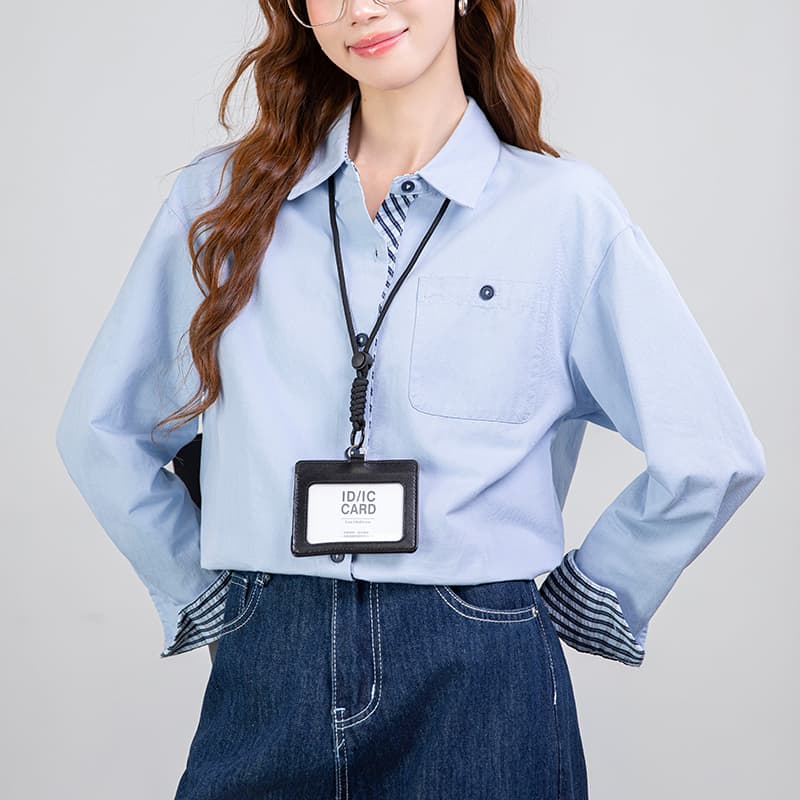 2026 봄 새로운 폴로 칼라 패치워크 스트라이프 맨위 순면 작은 대중 여성 셔츠 이미지 4
