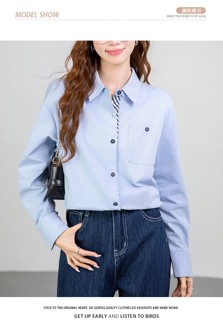 2026 봄 새로운 폴로 칼라 패치워크 스트라이프 맨위 순면 작은 대중 여성 셔츠 상세 이미지 9