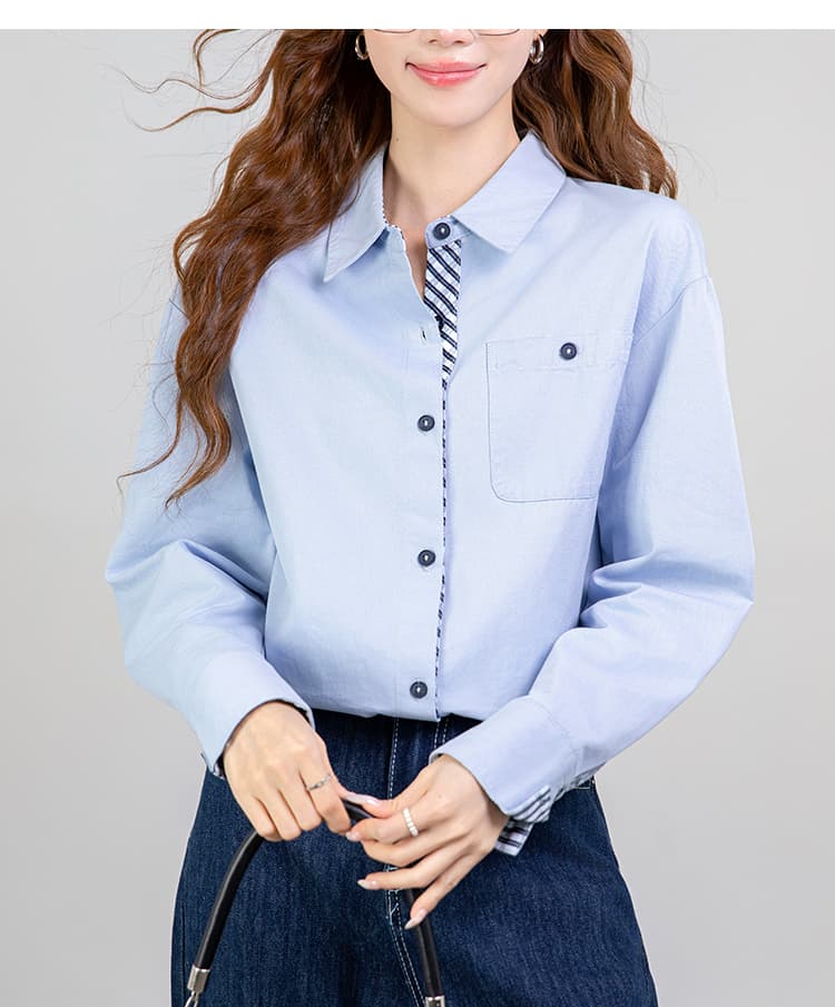 2026 봄 새로운 폴로 칼라 패치워크 스트라이프 맨위 순면 작은 대중 여성 셔츠 상세 이미지 12