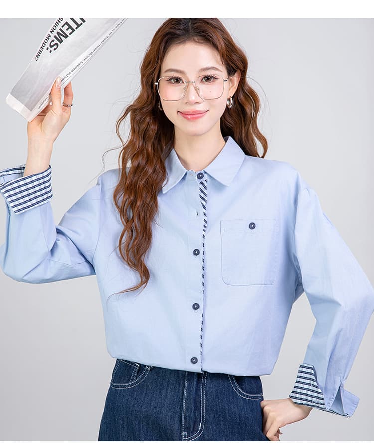 2026 봄 새로운 폴로 칼라 패치워크 스트라이프 맨위 순면 작은 대중 여성 셔츠 상세 이미지 13