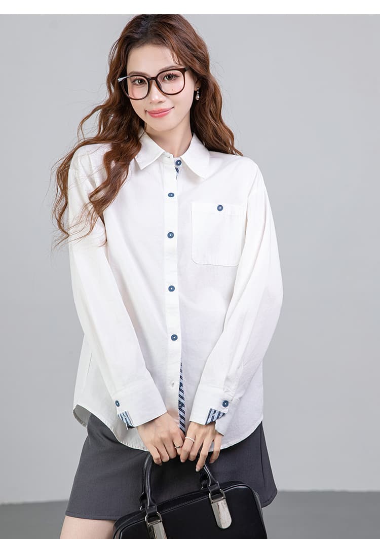 2026 봄 새로운 폴로 칼라 패치워크 스트라이프 맨위 순면 작은 대중 여성 셔츠 상세 이미지 20