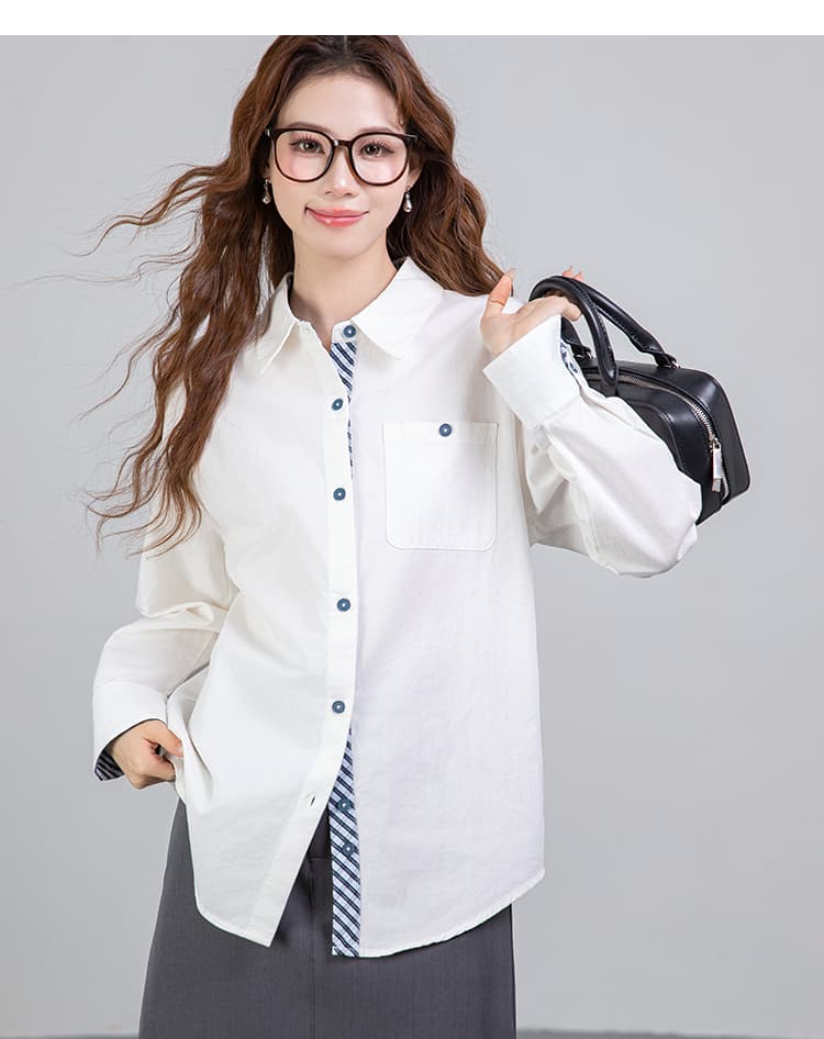 2026 봄 새로운 폴로 칼라 패치워크 스트라이프 맨위 순면 작은 대중 여성 셔츠 상세 이미지 21