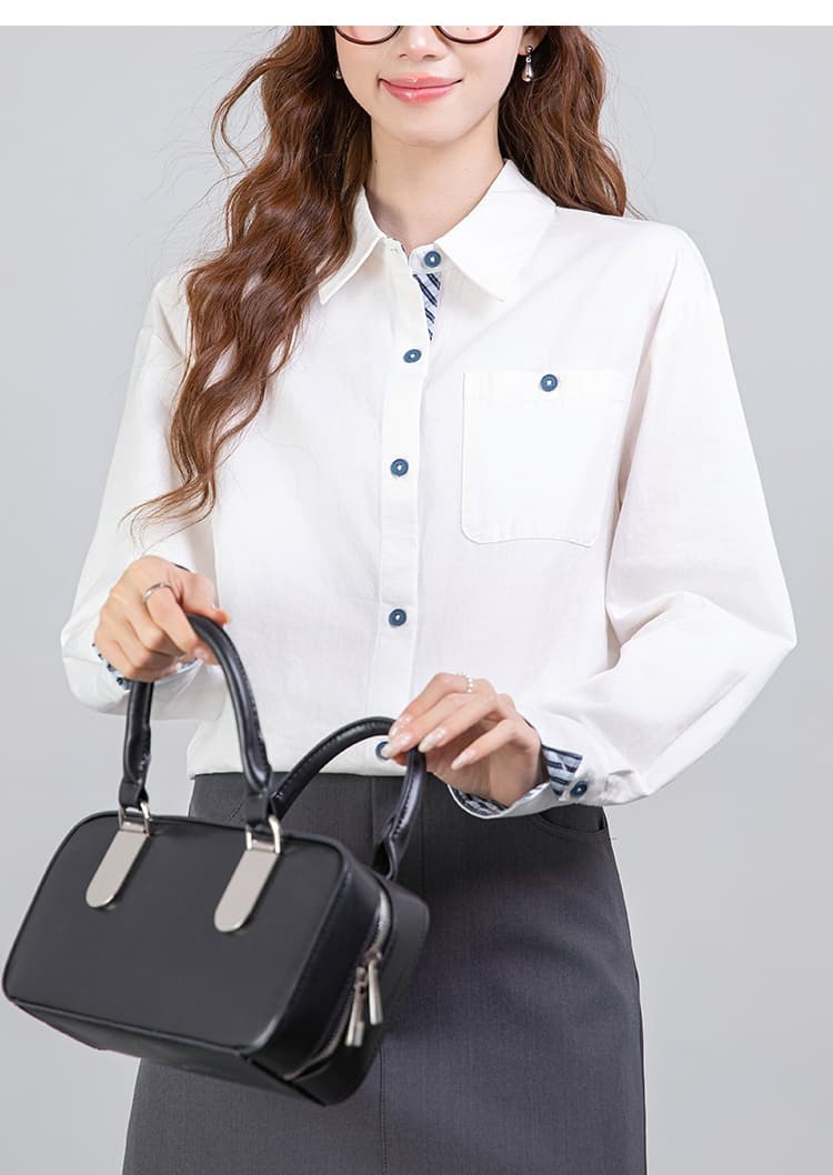 2026 봄 새로운 폴로 칼라 패치워크 스트라이프 맨위 순면 작은 대중 여성 셔츠 상세 이미지 22