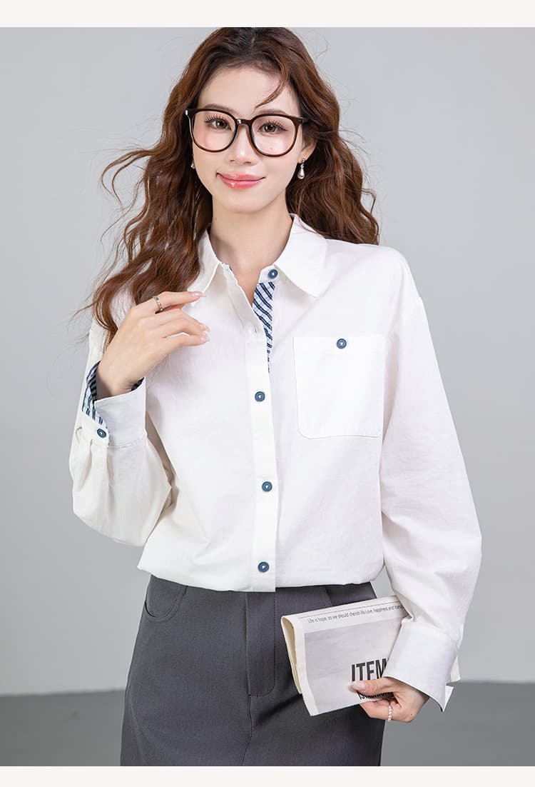 2026 봄 새로운 폴로 칼라 패치워크 스트라이프 맨위 순면 작은 대중 여성 셔츠 상세 이미지 27