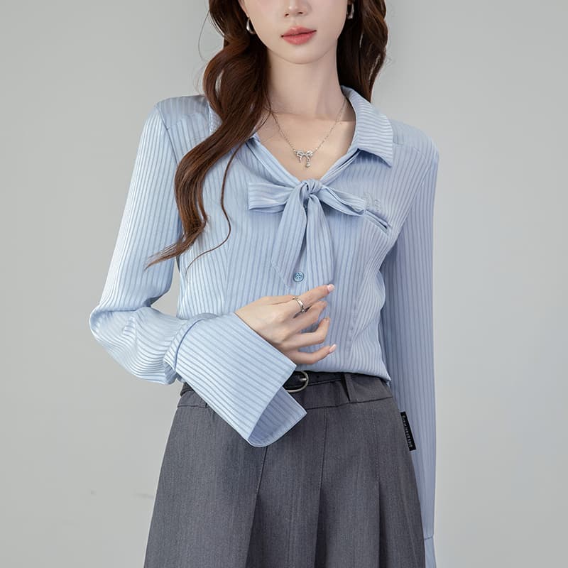 2026 실사 POLO 칼라 핫걸 봄 새로운 긴팔 셔츠 허리 수축 슬림해 보이는 단색 맨위 이미지 5