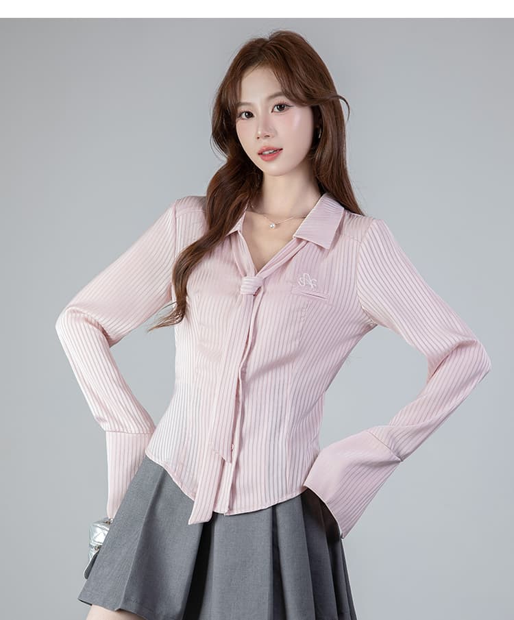 2026 실사 POLO 칼라 핫걸 봄 새로운 긴팔 셔츠 허리 수축 슬림해 보이는 단색 맨위 상세 이미지 12