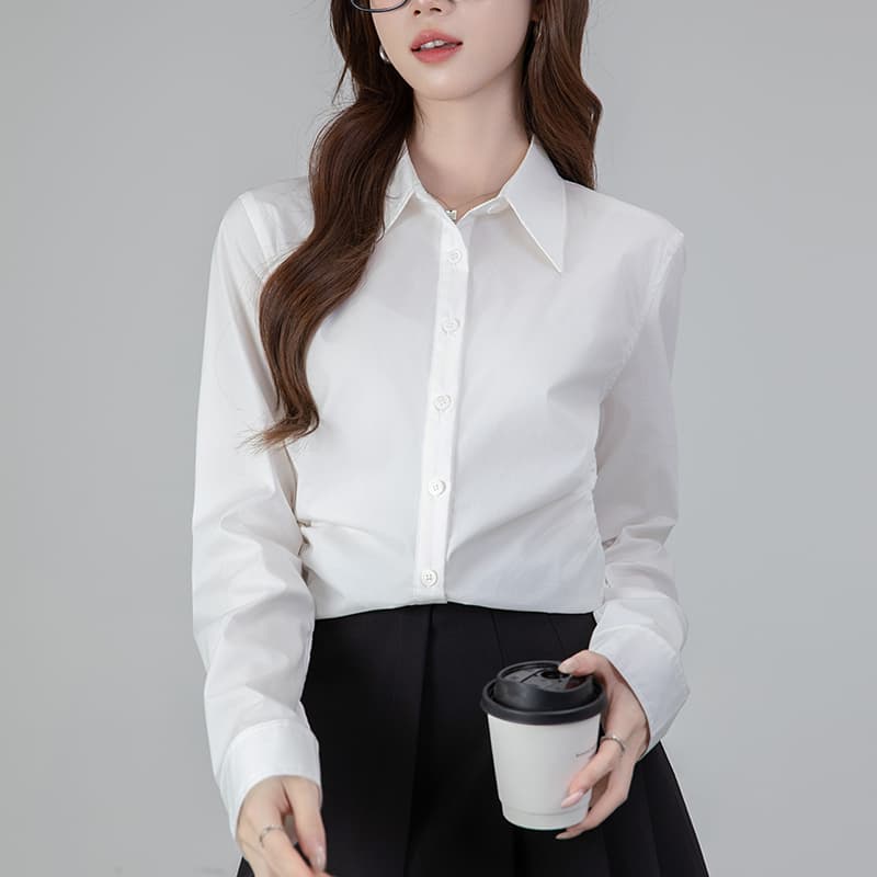 2026 실사 새로운 봄 세련된 레트로 품격 출퇴근 허리 수축 슬림해 보이는 셔츠 맨위 여성 이미지 5