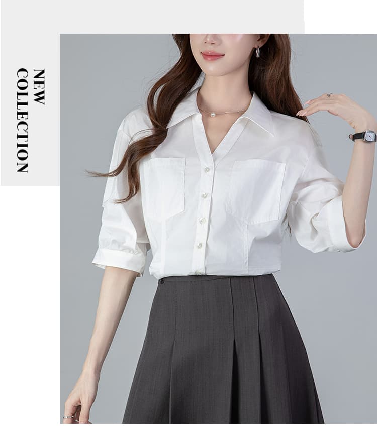 2026 실사 화이트 여성 셔츠 여름 폴로 칼라 거품 소매 얇은 스타일 허리 수축 맨위 상세 이미지 16