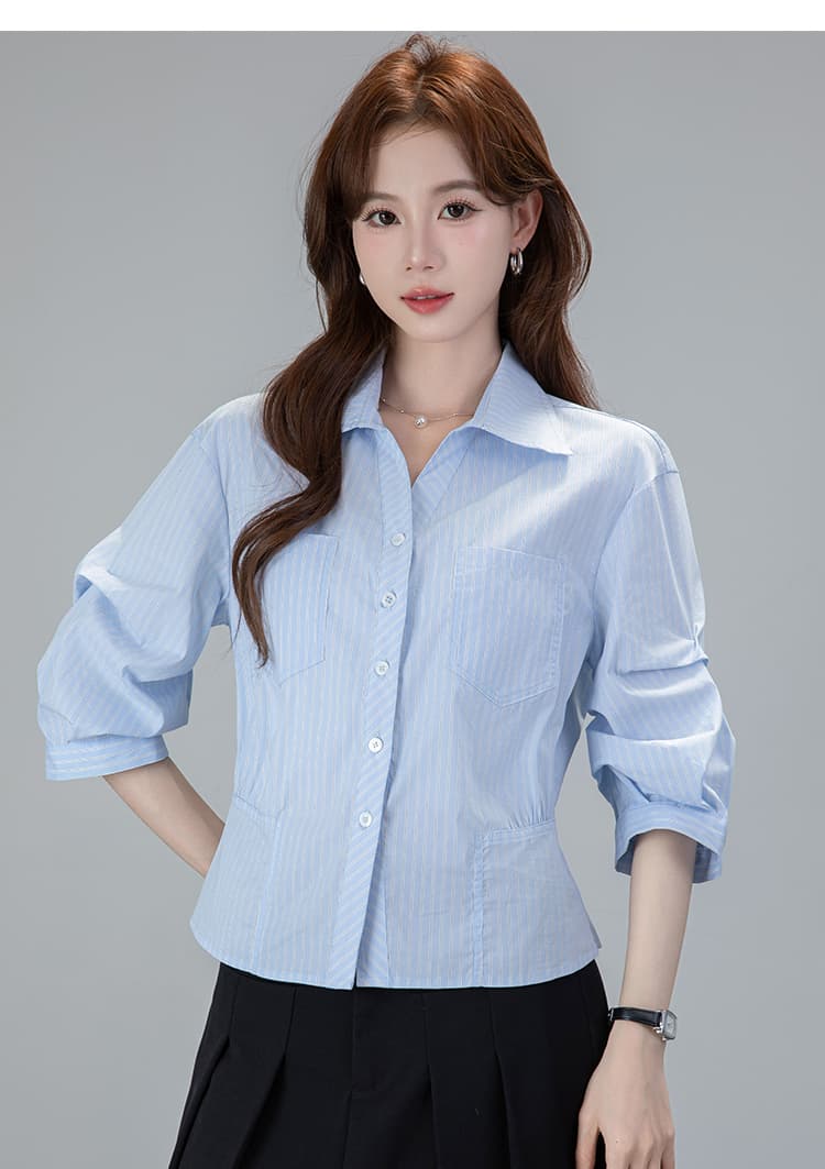2026 실사 화이트 여성 셔츠 여름 폴로 칼라 거품 소매 얇은 스타일 허리 수축 맨위 상세 이미지 20