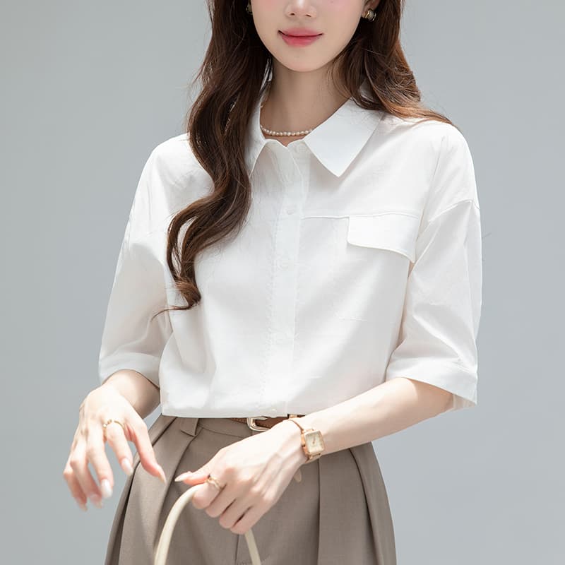 2026 실사 화이트 5 점 소매 여성 셔츠 여름 새로운 ol 미니멀리즘 출퇴근 바람 셔츠 맨위 이미지 5