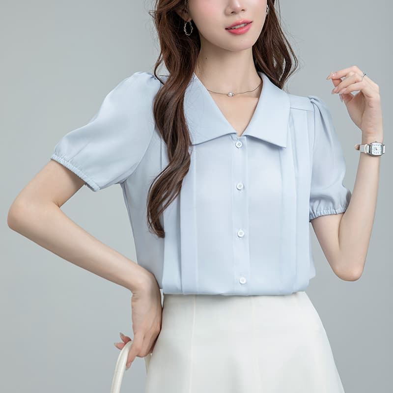 2026 실사 파란색 반팔 여성 셔츠 여름 프랑스식 품격 쉬폰 톱 면접 경력 출퇴근 셔츠 이미지 2