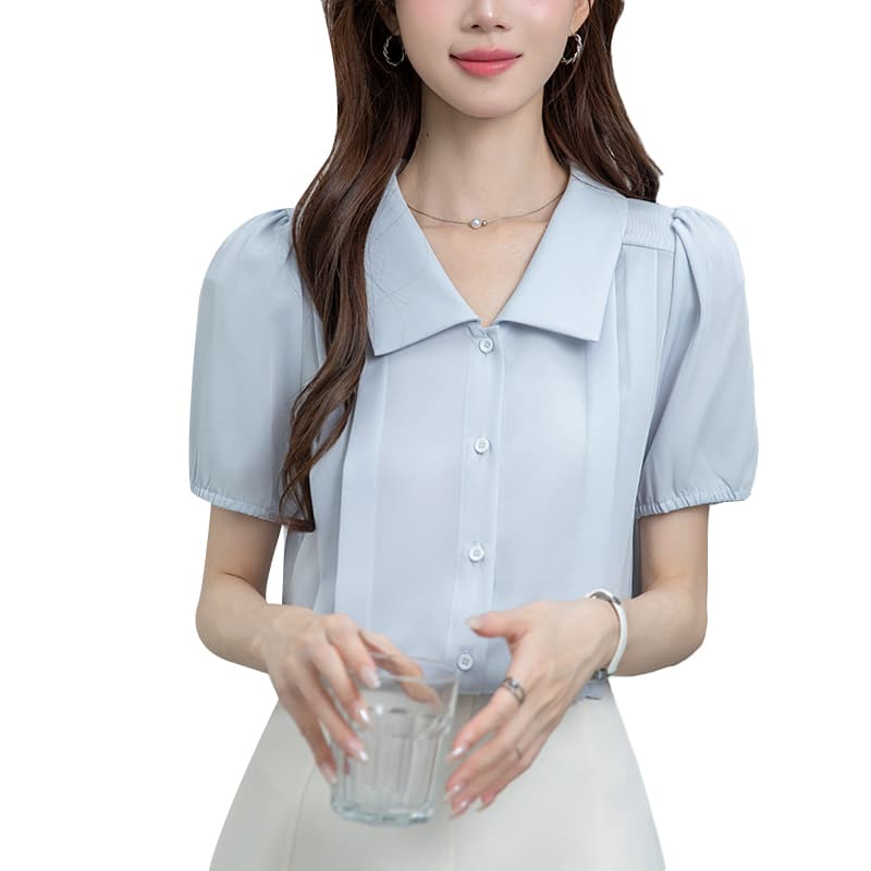 2026 실사 파란색 반팔 여성 셔츠 여름 프랑스식 품격 쉬폰 톱 면접 경력 출퇴근 셔츠 이미지 6