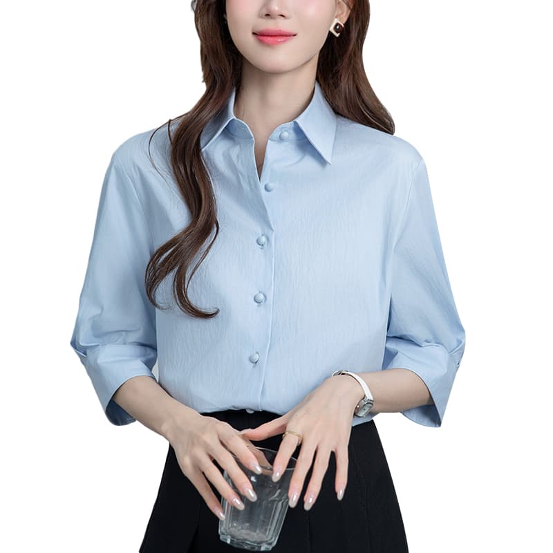 2026 실사 파란색 거품 소매 여성 셔츠 학원 스타일 고급 센스 맨위 경력 면접 우아함 출퇴근 셔츠 이미지 6