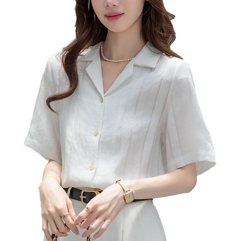2026 실사 루즈핏 반팔 쿠바 칼라 여성 셔츠 여름 프랑스식 레트로 캐주얼 맨위 이미지 6