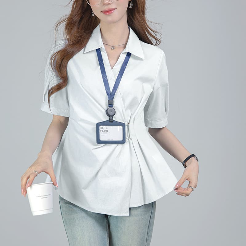 2026 실사 프랑스식 허리 수축 파란색 여성 셔츠 여름 새로운 반팔 V넥 불규칙 맨위 이미지 5