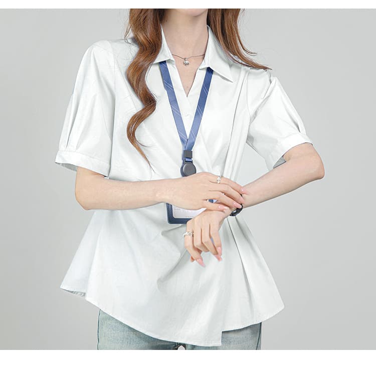 2026 실사 프랑스식 허리 수축 파란색 여성 셔츠 여름 새로운 반팔 V넥 불규칙 맨위 상세 이미지 14