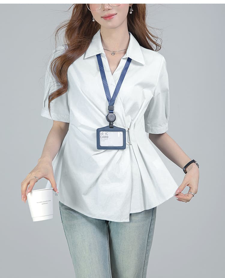 2026 실사 프랑스식 허리 수축 파란색 여성 셔츠 여름 새로운 반팔 V넥 불규칙 맨위 상세 이미지 18