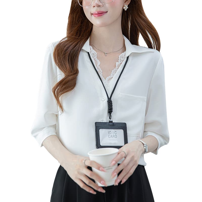 2026 실사 여름 새로운 출퇴근 V넥 싸움 레이스 차가운 센스 쉬폰 블라우스 반팔 루즈핏 맨위 이미지 6