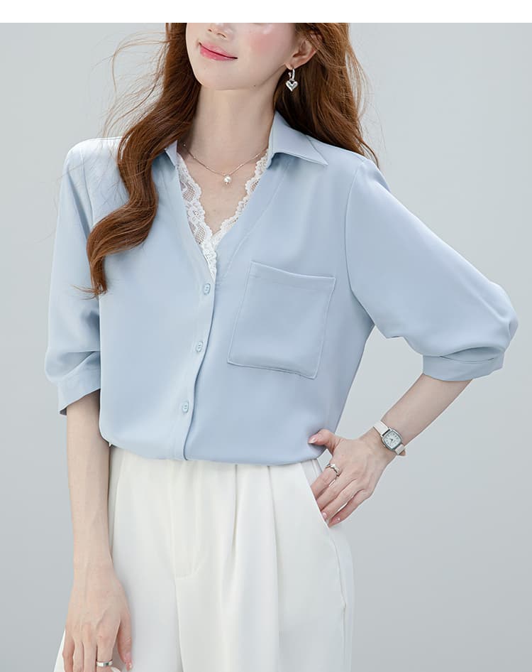 2026 실사 여름 새로운 출퇴근 V넥 싸움 레이스 차가운 센스 쉬폰 블라우스 반팔 루즈핏 맨위 상세 이미지 21