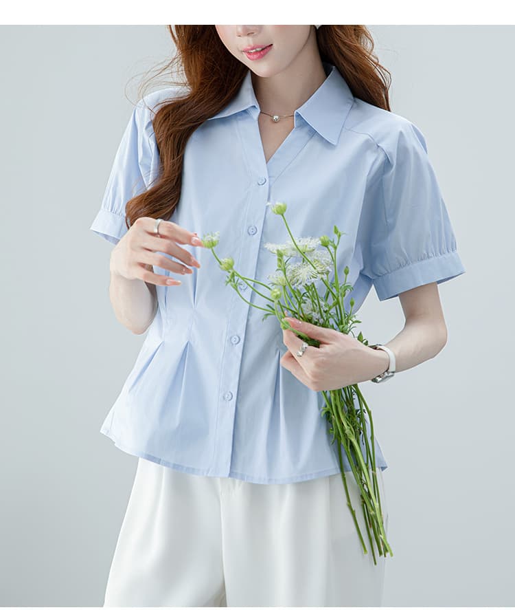 2026 실사 화이트 몸매 가꾸기 셔츠 여름 새로운 슬림해 보이는 허리 수축 여성 패션 맨위 외국 가스 세련된 반팔 상세 이미지 13