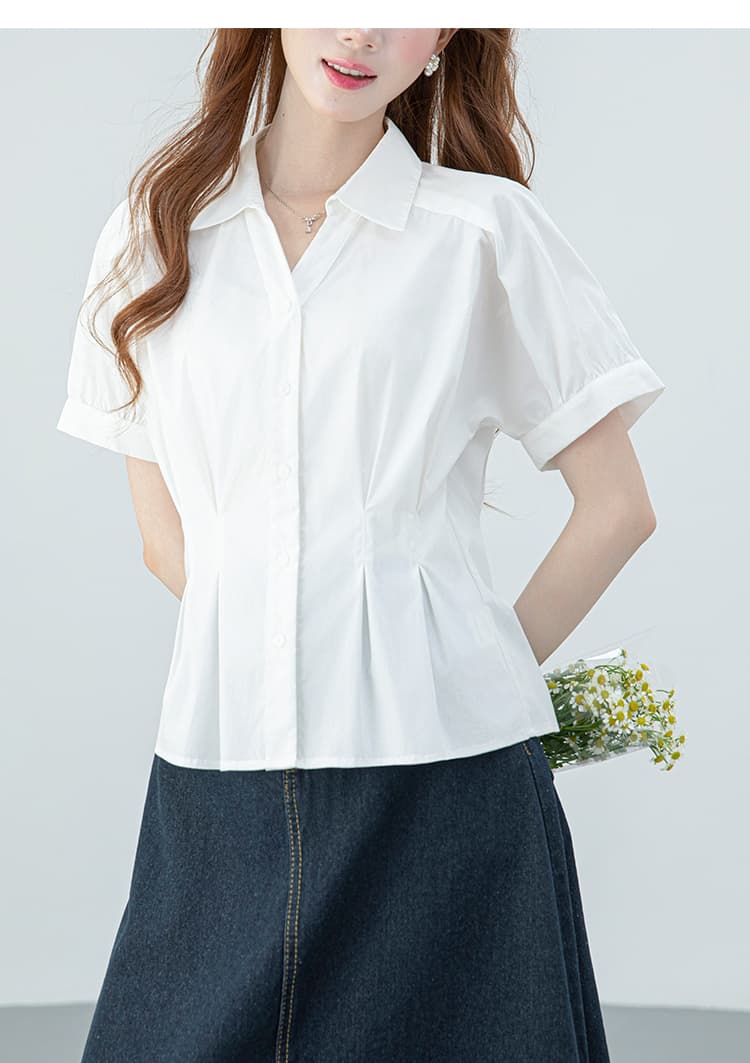 2026 실사 화이트 몸매 가꾸기 셔츠 여름 새로운 슬림해 보이는 허리 수축 여성 패션 맨위 외국 가스 세련된 반팔 상세 이미지 23