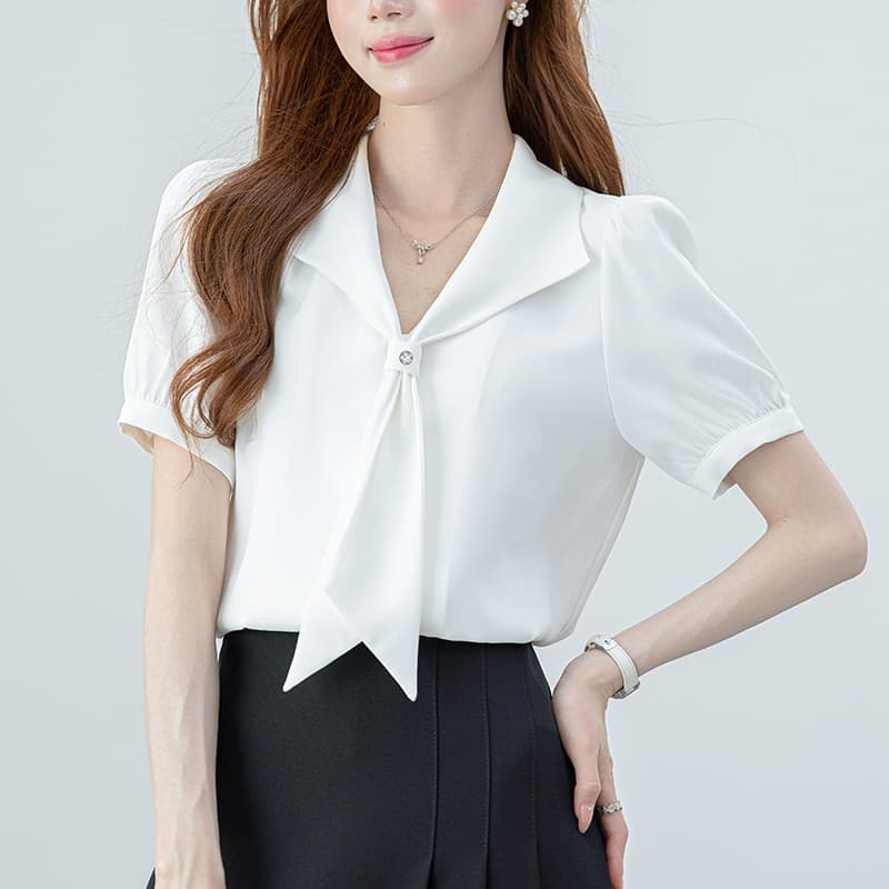 2026 실사 파란색 쉬폰 여성 셔츠 여름 직장 출퇴근 긍정적 인 로드 중 반팔 맨위 면접 경력 셔츠 이미지 2