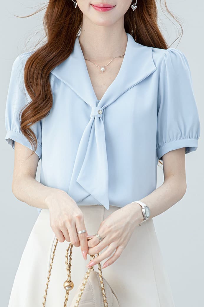 2026 실사 파란색 쉬폰 여성 셔츠 여름 직장 출퇴근 긍정적 인 로드 중 반팔 맨위 면접 경력 셔츠 이미지 7