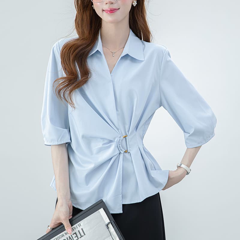 2026 실사 프랑스식 허리 수축 화이트 여성 셔츠 여름 새로운 디자인 센스 꼬집기 허리 V넥 불규칙 맨위 이미지 2