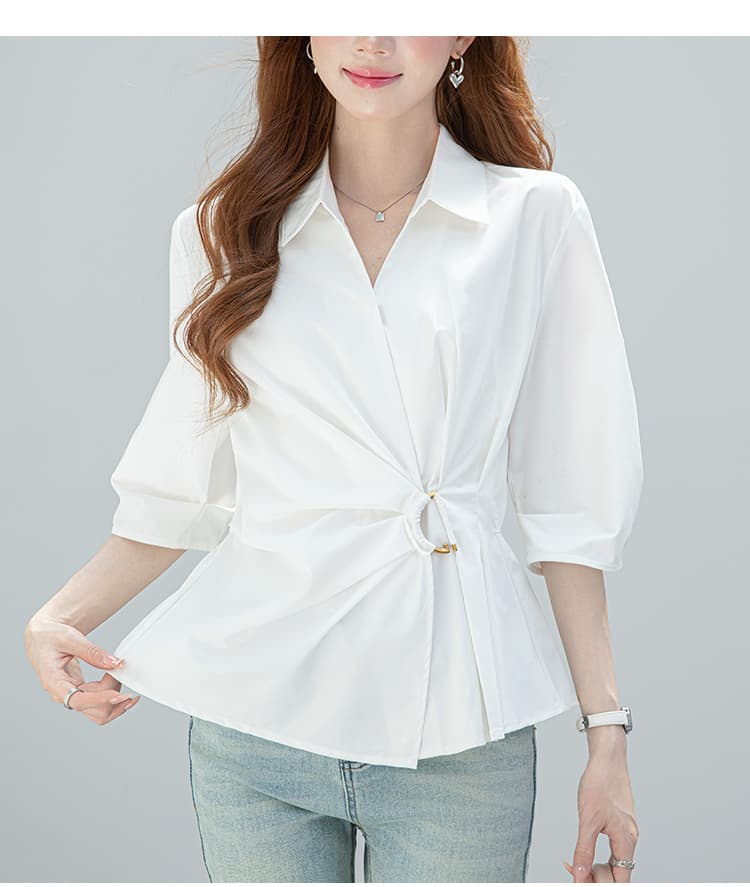 2026 실사 프랑스식 허리 수축 화이트 여성 셔츠 여름 새로운 디자인 센스 꼬집기 허리 V넥 불규칙 맨위 상세 이미지 13