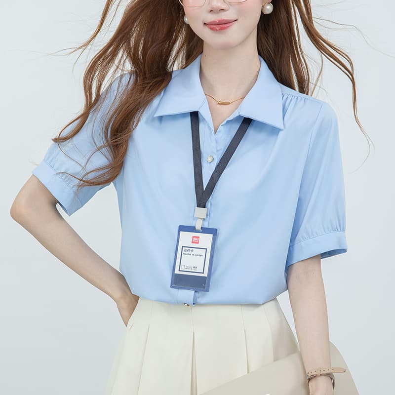2026 실사 파란색 경력 반팔 여성 셔츠 여름 작은 키 V넥 맨위 교사 면접 출퇴근 셔츠 이미지 3