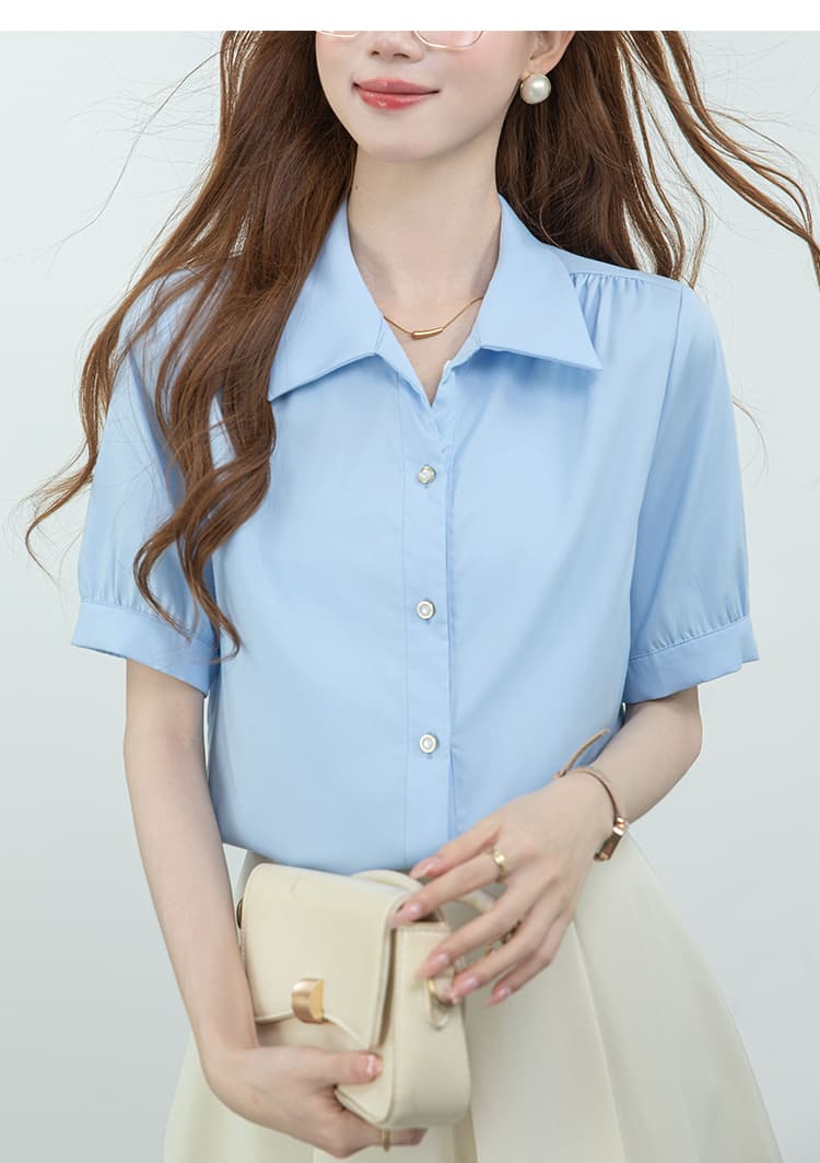 2026 실사 파란색 경력 반팔 여성 셔츠 여름 작은 키 V넥 맨위 교사 면접 출퇴근 셔츠 상세 이미지 20