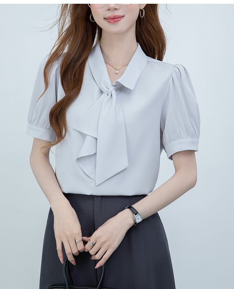 2026 실사 회색 새틴 나비 넥타이 반팔 여성 셔츠 여름 새로운 면접 긍정적 인 로드 중 경력 맨위 상세 이미지 18