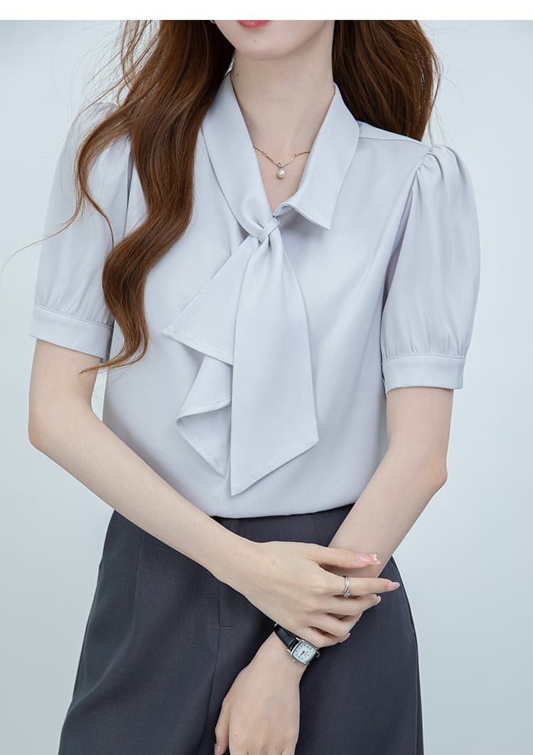 2026 실사 회색 새틴 나비 넥타이 반팔 여성 셔츠 여름 새로운 면접 긍정적 인 로드 중 경력 맨위 상세 이미지 23